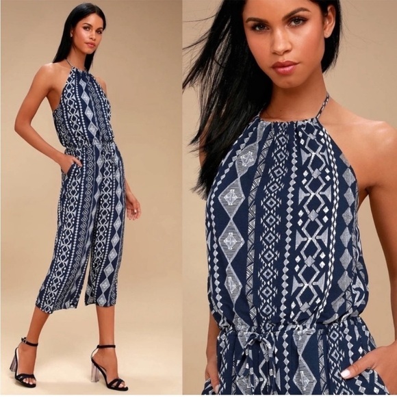 Lulu's Jumpsuit Sparrow Blue White Aztec Print Crop Length Halter Tie size Large - Picture 2 of 16